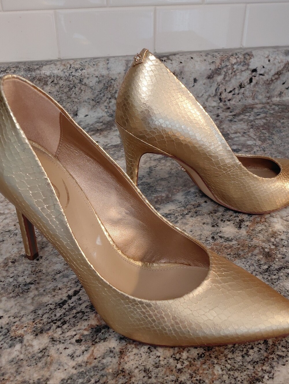 Sam & Libby Gold Snake Skin Patterned Pointed-Toe Stiletto Pumps - Picture 10 of 10